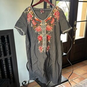 Johnny Was Gray Tunic Dress with Red and Orange Floral Embroidery